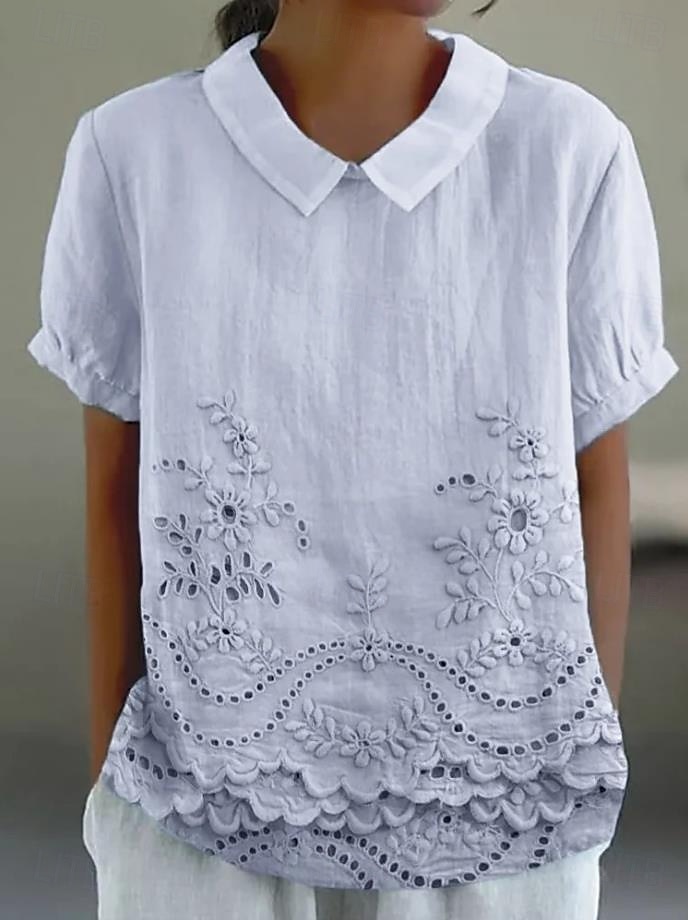 Dame Bluse Blomstret Grafisk Elegant Årgang Stilfull Kortermet Skjortekrage Vanlige topper Arbeid Daglig Trykt mønster Hvit Rosa Blå Sommer Vår 2025 - $23.99 –P2