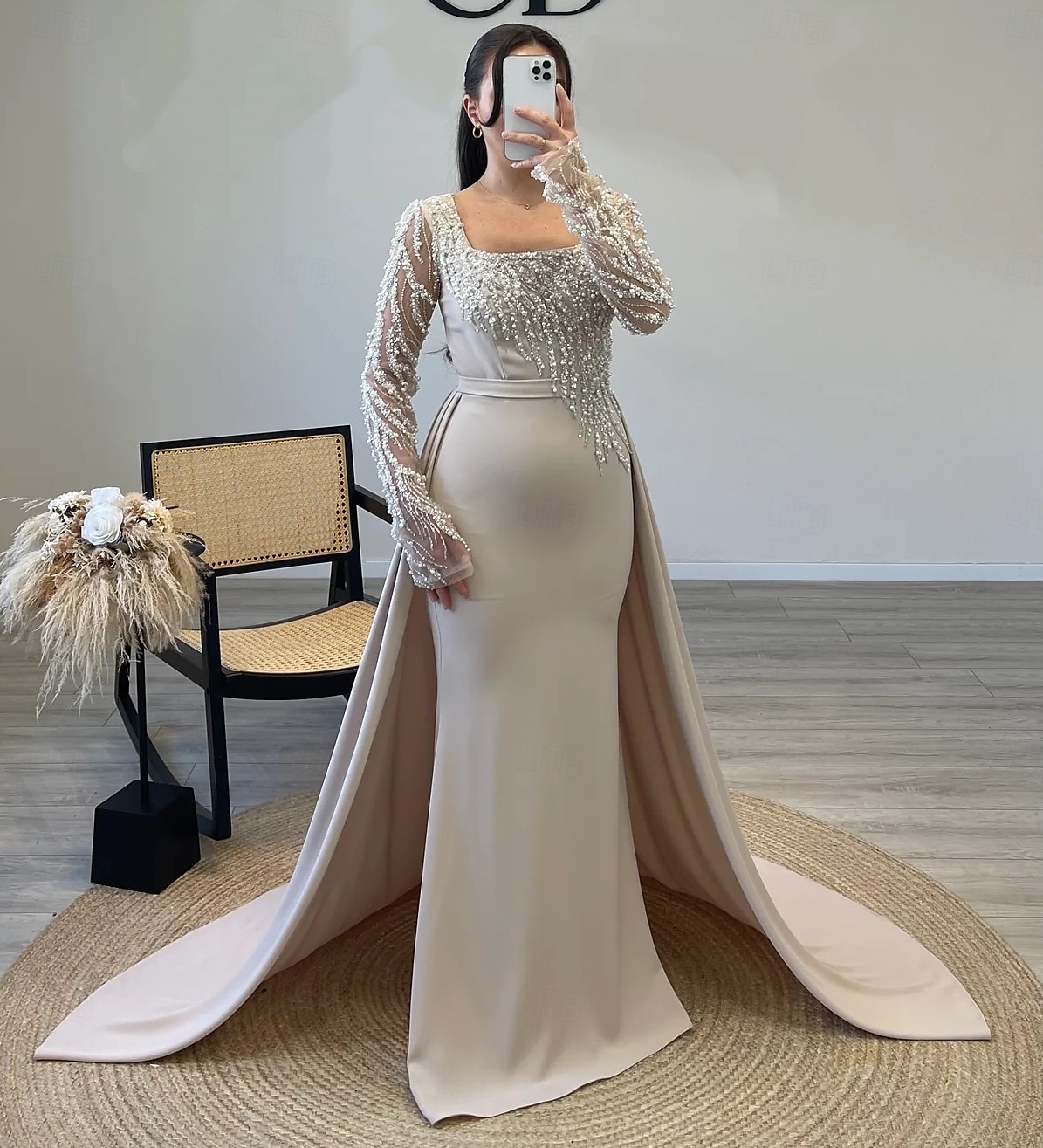 Robe de Soirée Sheath  Colonne Robe Élégante Carnaval Formelle Longueur de sol Manches longues Col illusion Détachable Crêpe extensible avec Paillettes et Perles de 2025 ? $154.99 –P2