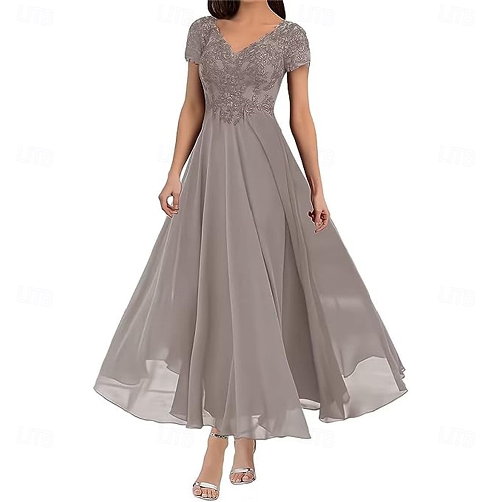 A-Linie Brautmutterkleid Elegant V Ausschnitt Bodenlang Polyester Kurzarm mit Einfarbig 2025 2025 - $119.99 –P25