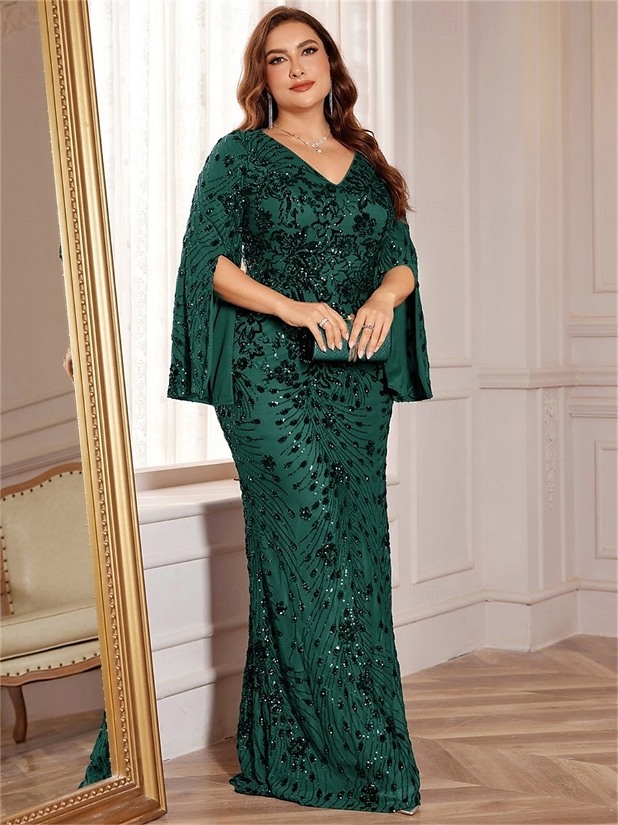 Abiti Plus Size Sirena  Tromba Elegante Abito Curvilineo Formale Matrimonio Lunghezza Piena a Manica Lunga con Scollatura a V in Paillettes con Paillettes del 2025 a $159.99 –P2