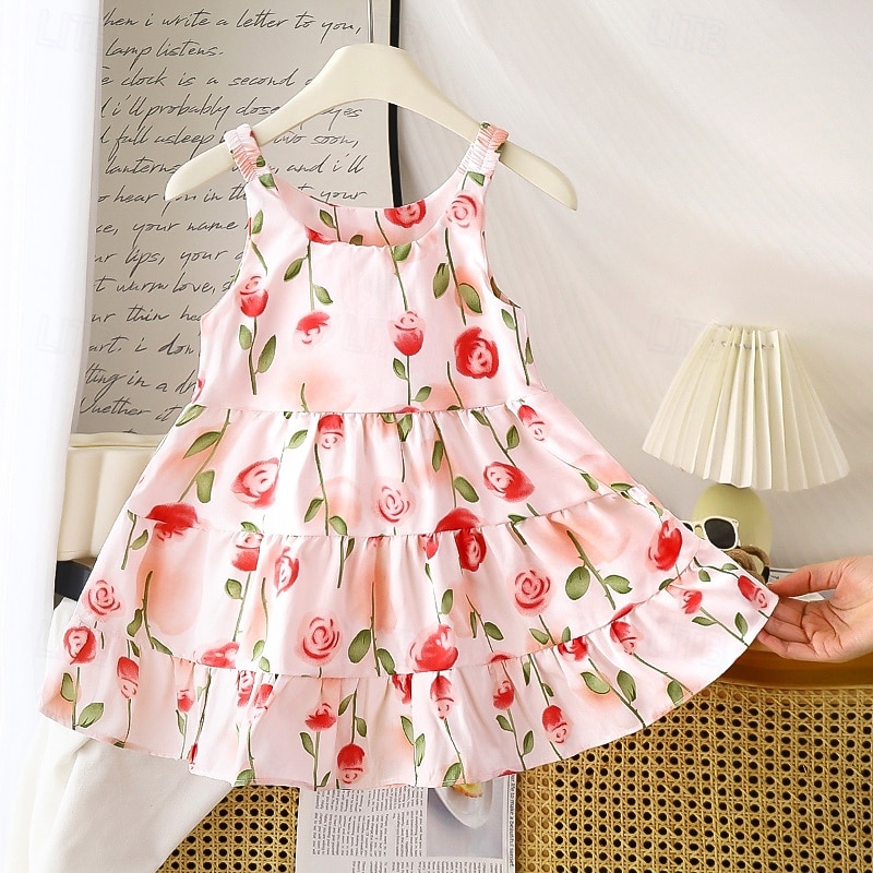 Enfants Fille Robe Fleur Sans manches Extérieur Froncé Adorable Basique Coton Mi-long Robe Décontractée Robe Fleurie Été 4 ans et + Rose Claire Rouge Bleu Roi de 2026 ? $7.99 –P1