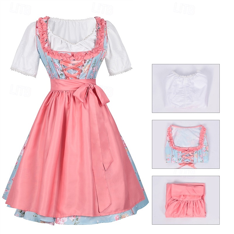 Rochie de dirndl cu flori pentru femei cu șorț roz și bluză pentru festivalul de bere Oktoberfest Wiesn 2025 - $59.99 –P9