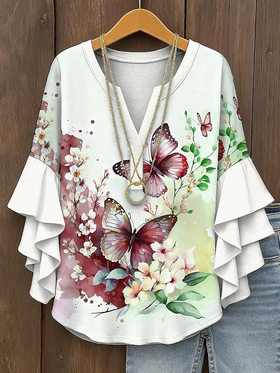 Women's Blouse Layered Ruffle Sleeve Tops Floral Graphic Butterfly Bohemia Vintage Tropical 3/4 Length Sleeve V Neck Regular Tops Daily Holiday Vacation Wear Print Yellow Red Blue Purple Green Summer 2025 - $29.99 –P6