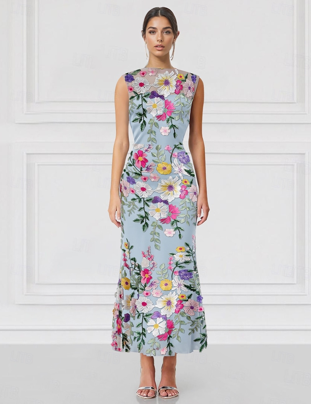 Blue Mermaid / Trumpet Cocktail Floral Dresses Elegant Formal Wedding Guest Ankle Length Sleeveless High Neck with Embroidery 2025 - $158.99 –P1