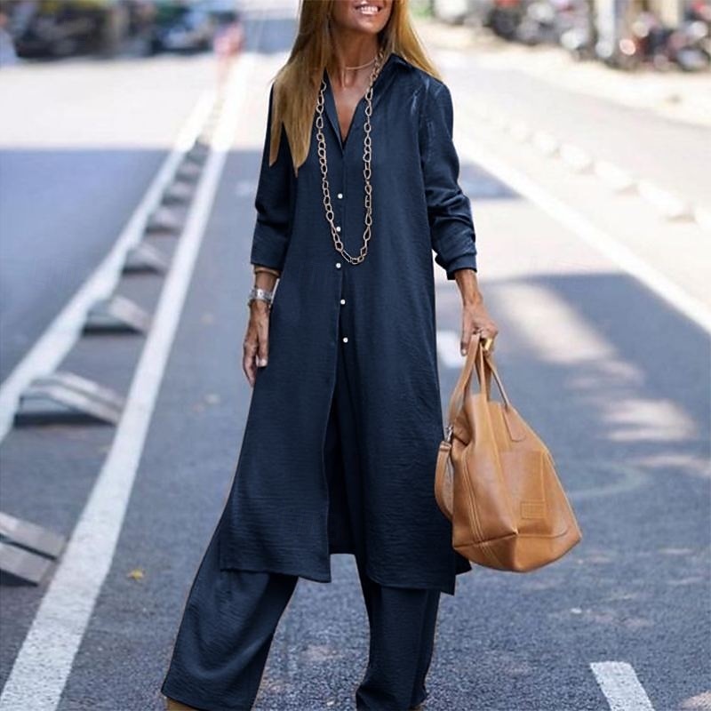 Femmes Actif Mode Chemisier Ensembles de Pantalons manche longue Col de chemise Couleur Unie Dubbele Rij Knopen Vacances Fête Vert Véronèse Bleu Marine Kaki Été Coupe régulière de 2025 ? $27.99 –P2