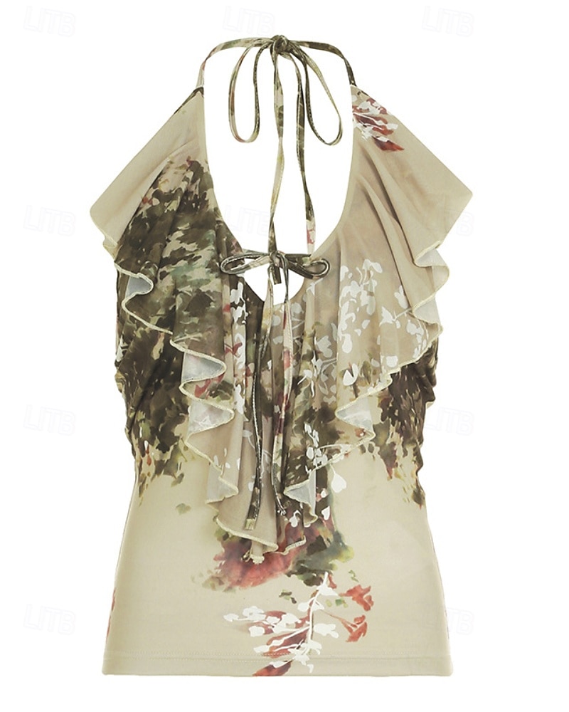 Femmes Chemise Bohème Chemisier Fleur Moderne Boho Sans manches Col Halter Hauts Réguliers Quotidien Fête Sortir Dos nu Imprimé Vert Été de 2025 ? $17.99 –P2