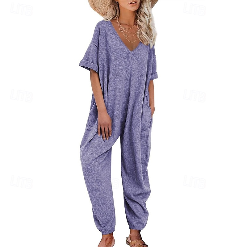 Női Szabályos Jumpsuitek Stílusos Tömör szín Féhosszú Háremnadrág V-alakú Zseb Utca Napi Normál Fekete Sárga Arcpír rózsaszín Nyár 2025 - $27.99 –P11