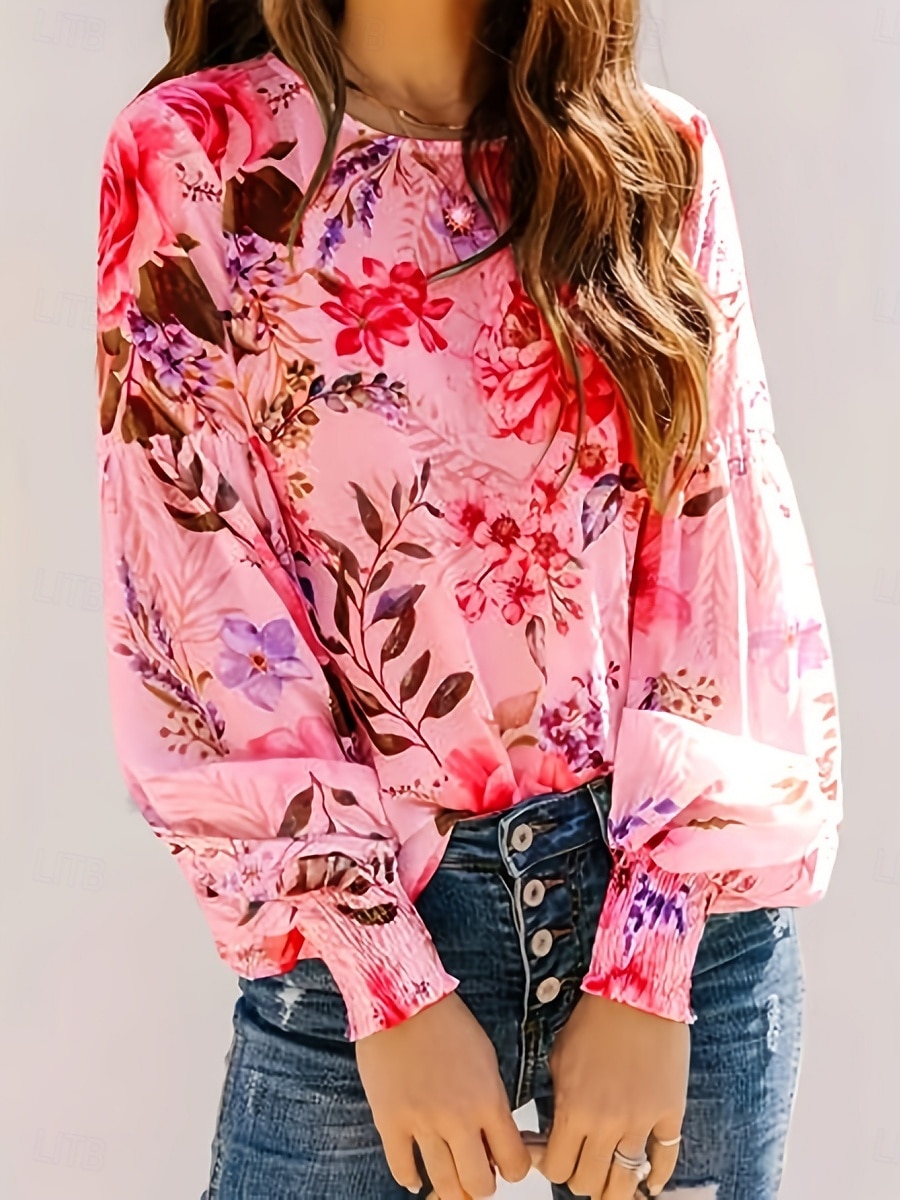 Dames Overhemd Afdrukken Bloemig Tropisch Stijlvol Casual Lange mouw Strakke ronde hals Normale tops Dagelijks Wit Blozend Roze Groen Zomer Lente 2026 - $22.99 –P5