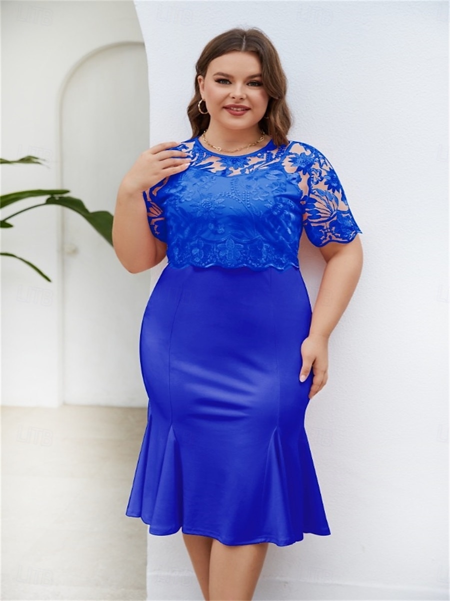 Robe mère de la mariée robe élégante col rond longueur thé dentelle manches courtes avec couleur unie de 2025 ? $49.99 –P9