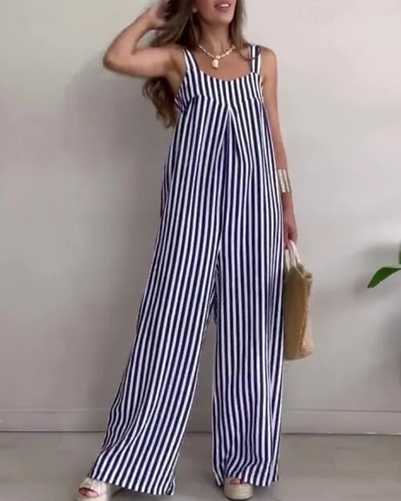 Mono normal para mujer, estilo urbano, a rayas, sin mangas, cuello en U, sin espalda, de lino y algodón sintético, para uso diario, corte regular, amarillo, rojo, azul marino, para verano. 2026 - $23.99 –P3