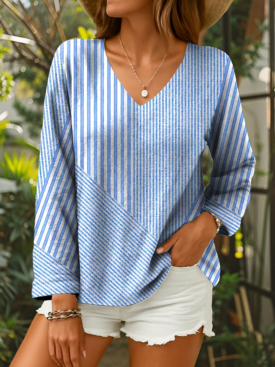 Dames Blouse Grafisch Geometrisch Gestreept Elegant Tropisch Dagelijks Lange mouw 3/4 mouw V-hals Normale tops Dagelijks Blozend Roze blauw Paars Groen Zomer Lente 2025 - $24.99 –P1