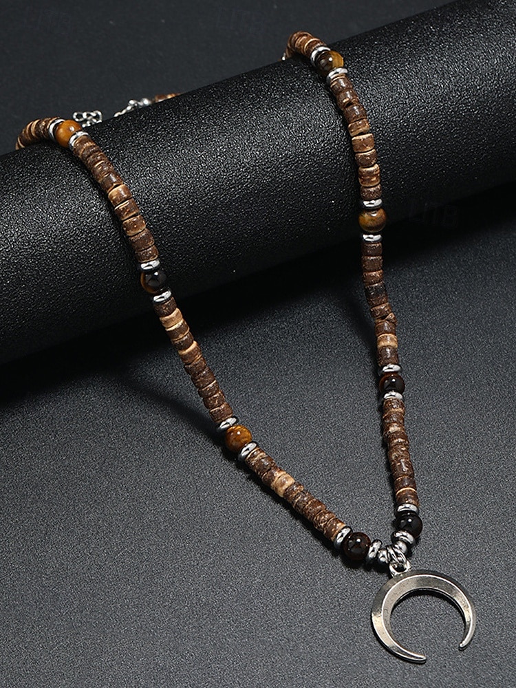 Men's Lava Rock Beaded Necklace with Turquoise and Crescent Moon Pendant - Boho Style, Adjustable Length, Unisex for Casual Wear, Outdoor and Daily Use 2025 - $9.99 –P8
