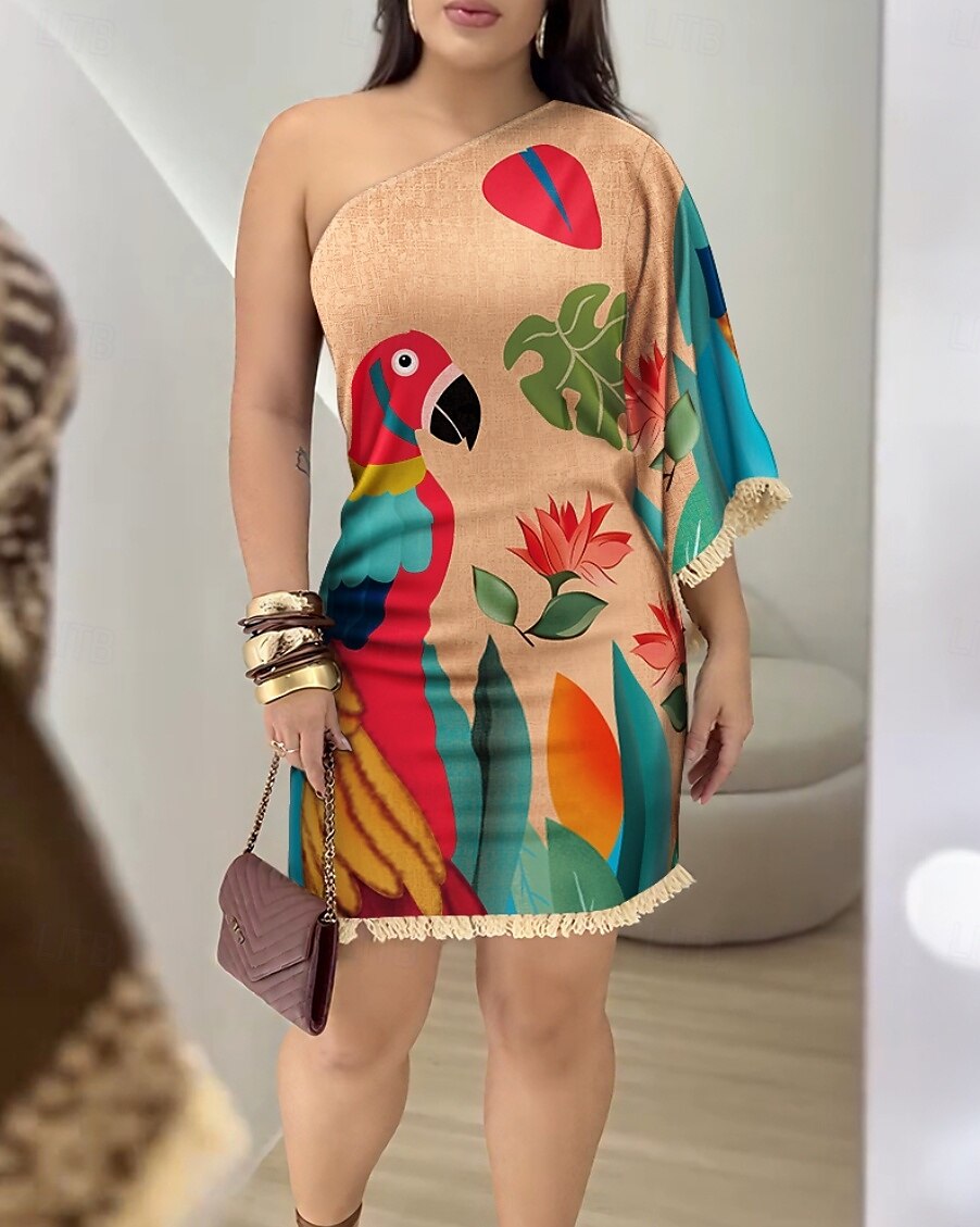 Women's Mini Dress Tassel Dress Summer Dress Print Dress Elegant Summer Dress Regular Fit Floral Tree 3/4 Length Sleeve One Shoulder Black Brown Khaki Summer 2025 - $22.99 –P1