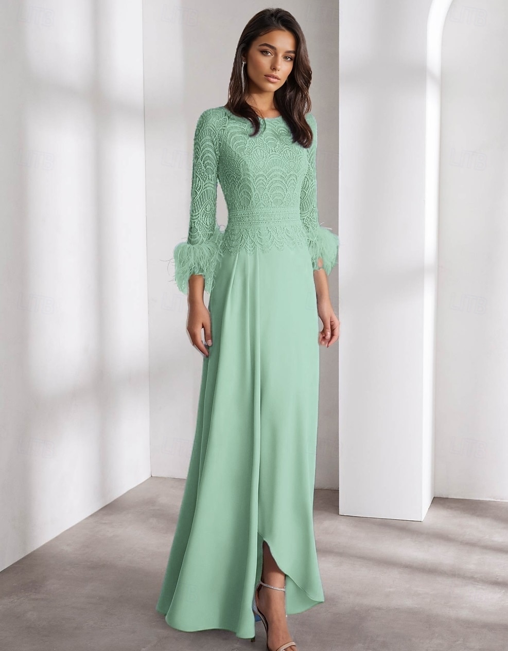 Modré A-line večerní šaty Elegantní Šaty Formální Svatební Délka Podlahy Dlouhý Rukáv Posádka Krk Chiffon s Peřím 2025 - $153.99 –P4