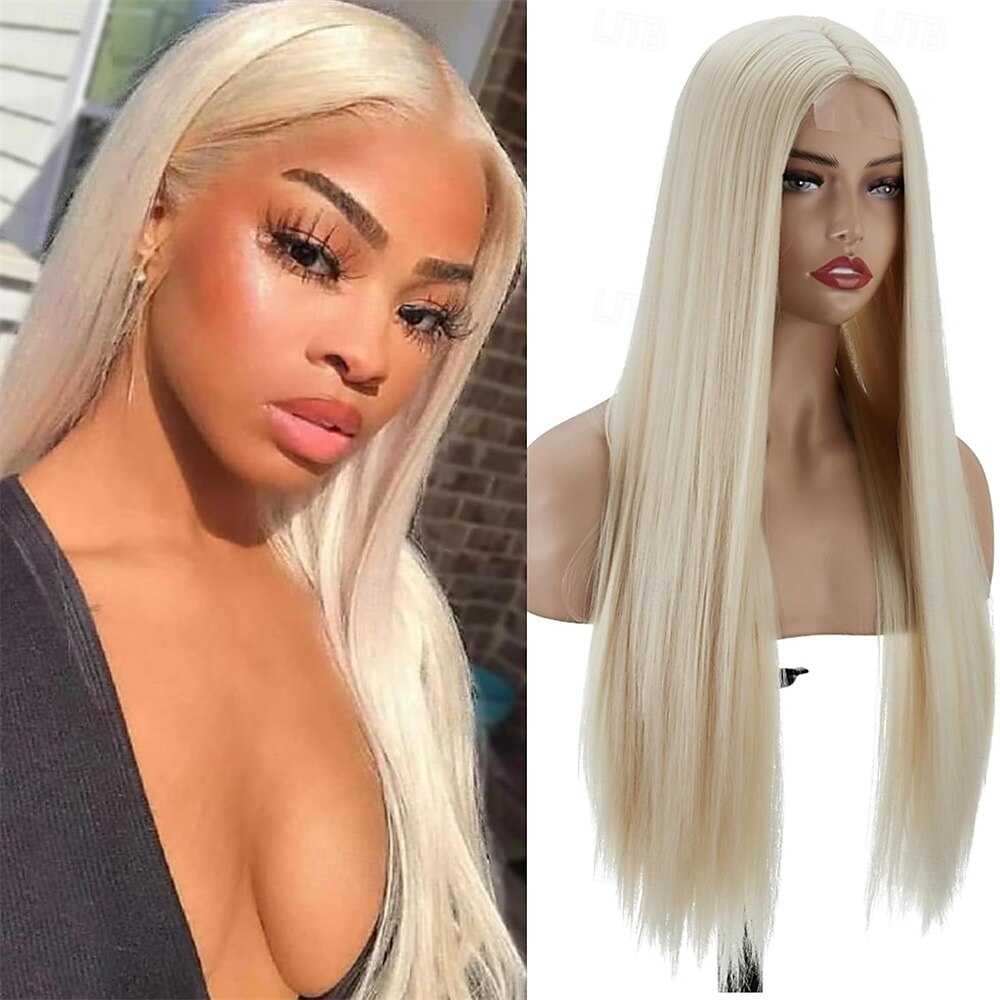 Peruca loira ombré longa de aparência natural com raízes castanhas, sem cola, para mulheres, cabelo sintético liso e sedoso, resistente ao calor, 28 polegadas de 2025 por $27.99 –P7
