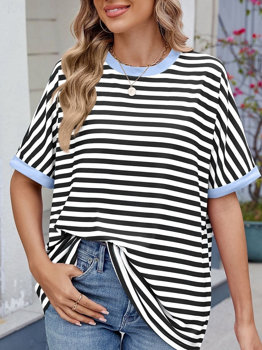 Femmes T-shirt Rayé Mode Élégant Moderne Manche Courte Col ras du cou Hauts Réguliers Quotidien Week-end Imprimé Noir Rouge Bleu Vert Été de 2025 ? $16.99 –P13