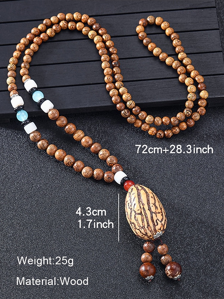 2026年 チベットのトーテムペンダントが付いたメンズの天然木ビーズネックレス。瞑想、ヨガ、スピリチュアルな集まり、カジュアルな夏の服装に最適なボヘミアン風のロングチェーンジュエリー。  コレクション – $4.67 –P4