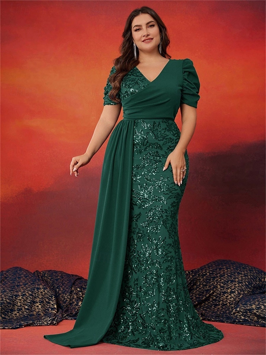 Meerjungfrau Trompete Plus Size Kleider Elegantes Kurvenkleid Formelles Hochzeitskleid Bodenlang Kurzarm V-Ausschnitt Pailletten mit Pailletten 2025 2025 - $169.99 –P16