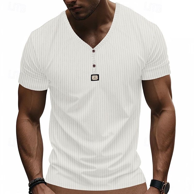 Men's T Shirt Henley Shirt Tee Short Sleeve Shirt Short Sleeve V Neck Summer Plain Fashion Designer Basic Jacquard Vacation Street Going out Black White Khaki Top Tee for Men 2025 - $16.49 –P15