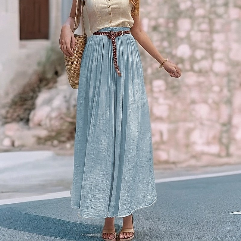 Damen Asiatische Größe Schwingend Leinenröcke Elegant Lässig Midi Hohe Taille Röcke Einfarbig Gerafft Plissiert Fließend Mikroelastisch Urlaub Täglich Wein Schwarz Weiß Rosa Frühling, Herbst, Winter 2025 - $32.99 –P7
