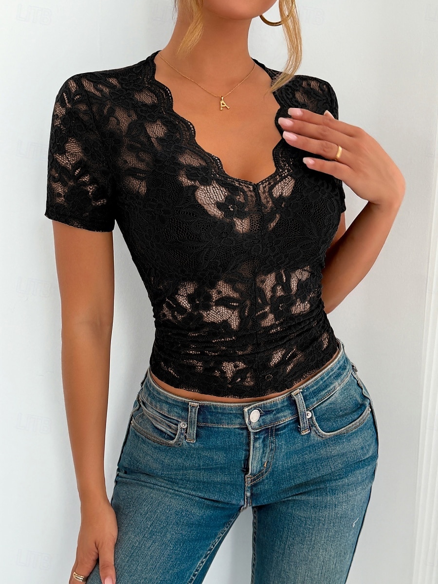 Blouse en dentelle pour femmes tops à couleur unie élégant décontracté manches courtes col en V tops réguliers quotidiens patchwork en dentelle noir blanc vert été printemps de 2025 ? $22.99 –P8