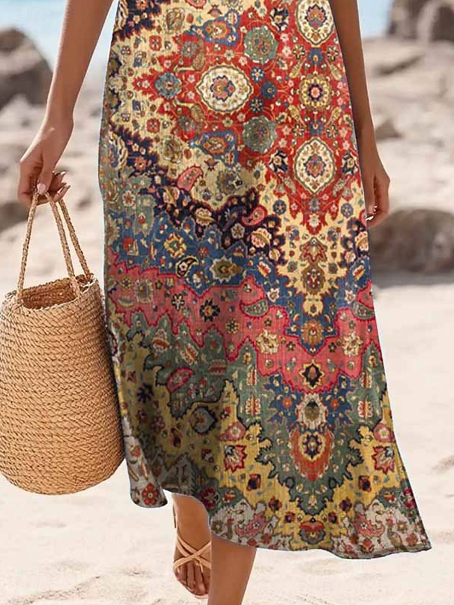 Femmes Robe maxi Robe d'Été Robe fourreau Robe à épaules dénudées Occasionnel Sortir Plage Coupe régulière Graphique Tribal Sans manches Col en V Rouge orangé Été Printemps de 2025 ? $36.99 –P3
