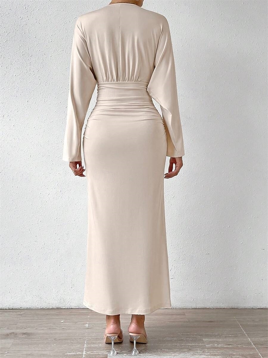 Kleid für die Mutter der Braut Elegant V-Ausschnitt Bodenlang Jersey Langarm mit Raffung 2025 - $38.99 –P3