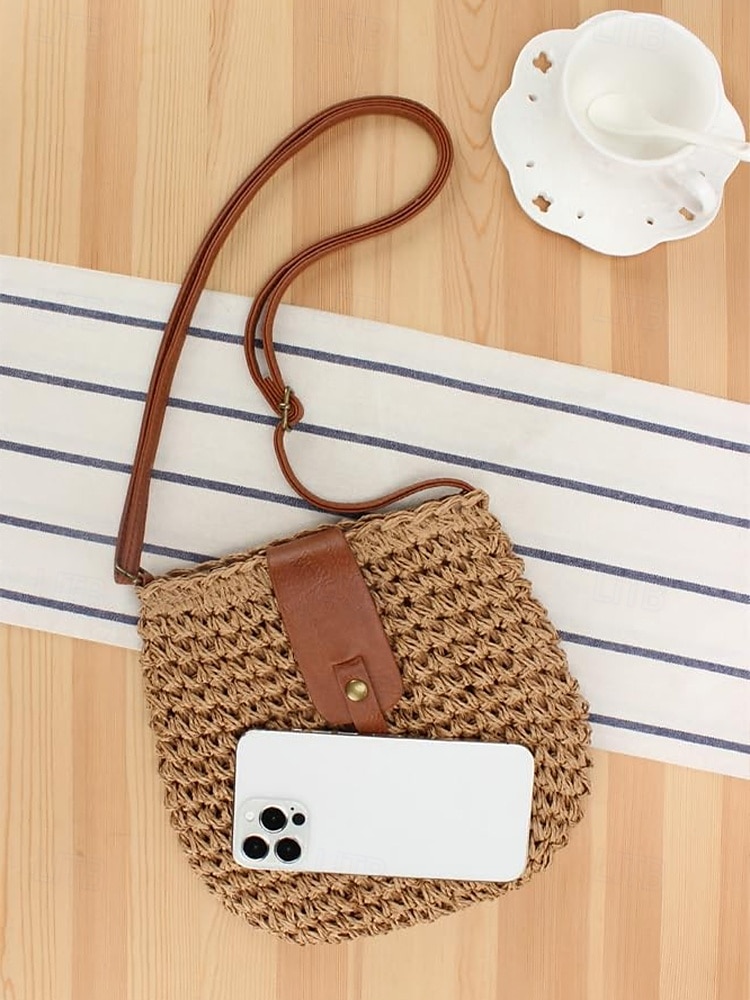 damska pleciona słomiana torba typu crossbody ze skórzanym paskiem - szykowna torebka w stylu boho na lato, plażę i niezobowiązujące wyjścia 2025 - $14.99 –P6