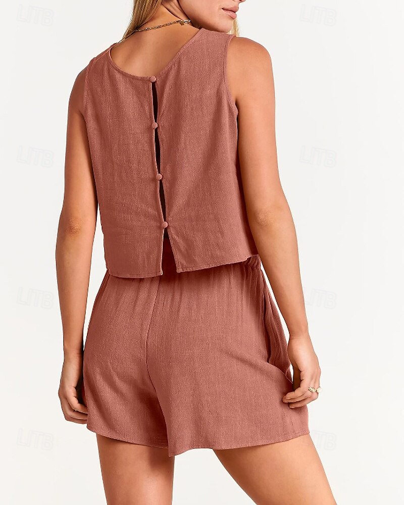 Damen Aktiv Basic Baumwoll-Leinen-Sets Bluse Shorts-Sets Ärmellos Rundhalsausschnitt Einfarbig Kordelzug Ausgehen Wochenende Schwarz Blau Orange Sommer Normale Passform 2025 - NZ $63.49 –P8