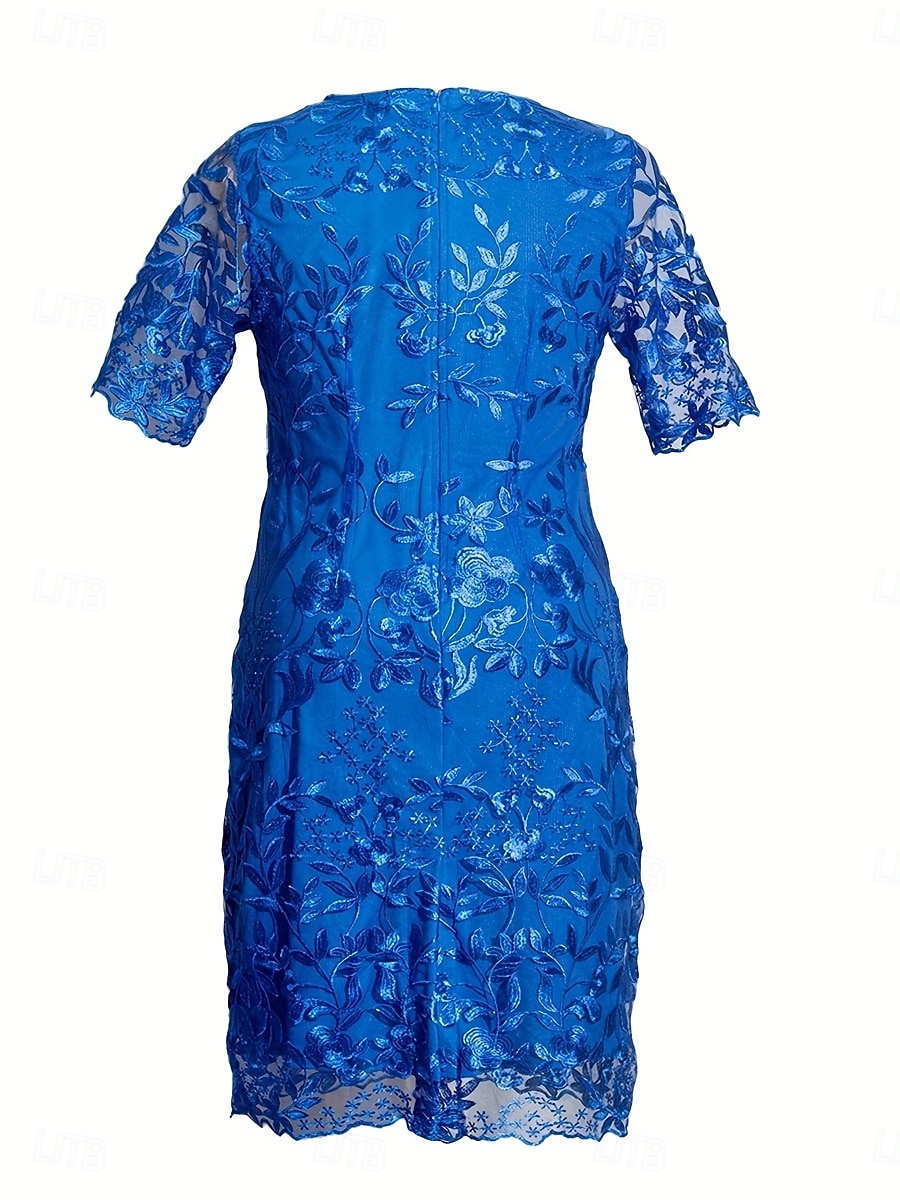 Plus Size Dress Mother of the Bride Curve Dress Elegant Crew Neck Tea Length Lace Short Sleeve with Solid Color 2025 - $49.99 –P7