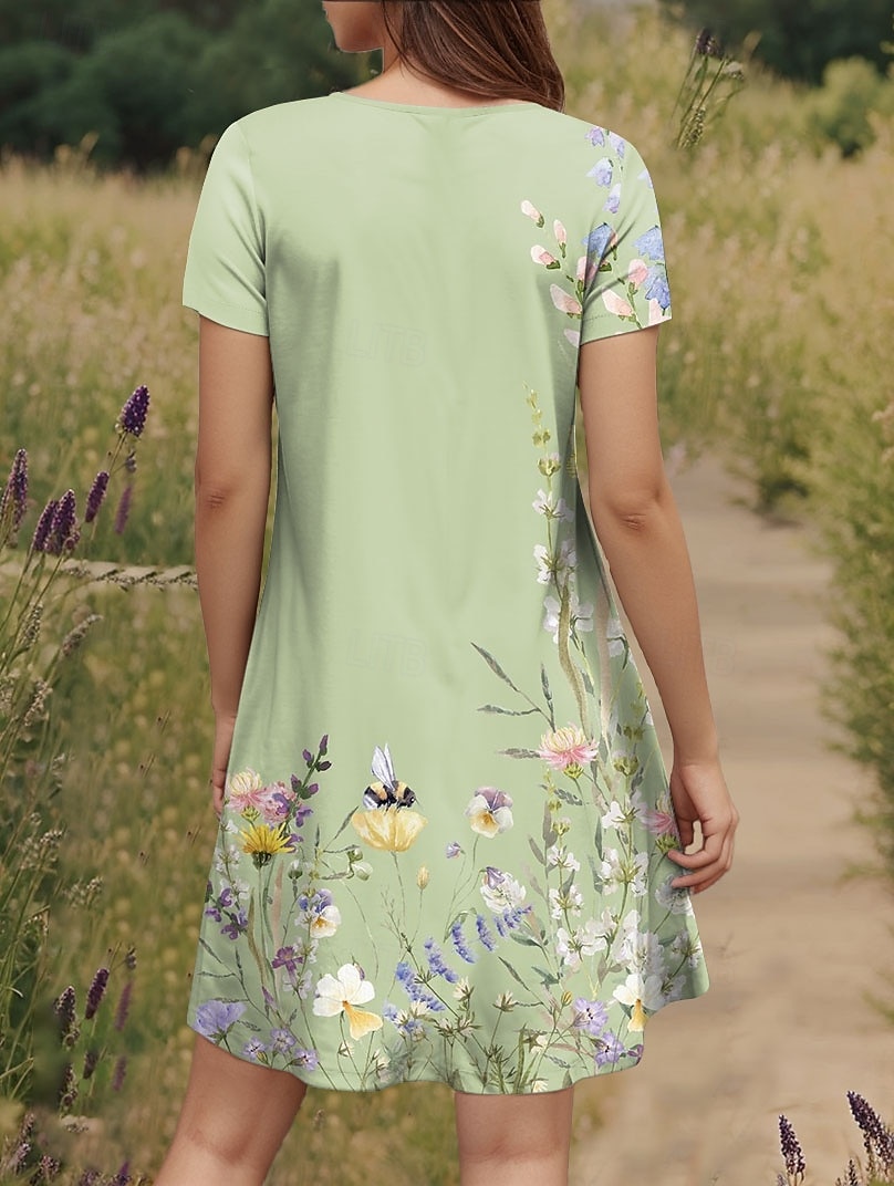 Damen Minikleid T-Shirt-Kleid Sommerkleid Urlaub Lässig Boho Täglich Ausgehen Normale Passform Blumen Grafik Kurzarm V Ausschnitt Purpur Grün Sommer 2025 - $23.99 –P2