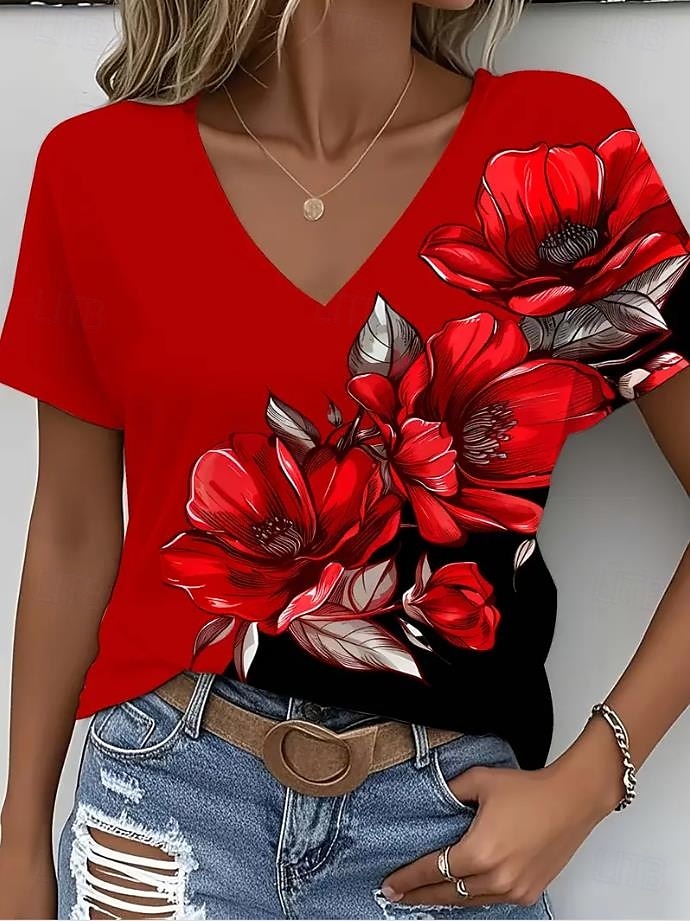 Femmes T-shirt A Ombre Graphique Plantes Mode Hawaïen Occasionnel manche longue Col en V Hauts Réguliers Quotidien Sortir Week-end Imprimé Jaune Rouge Été Printemps de 2025 ? $19.99 –P1