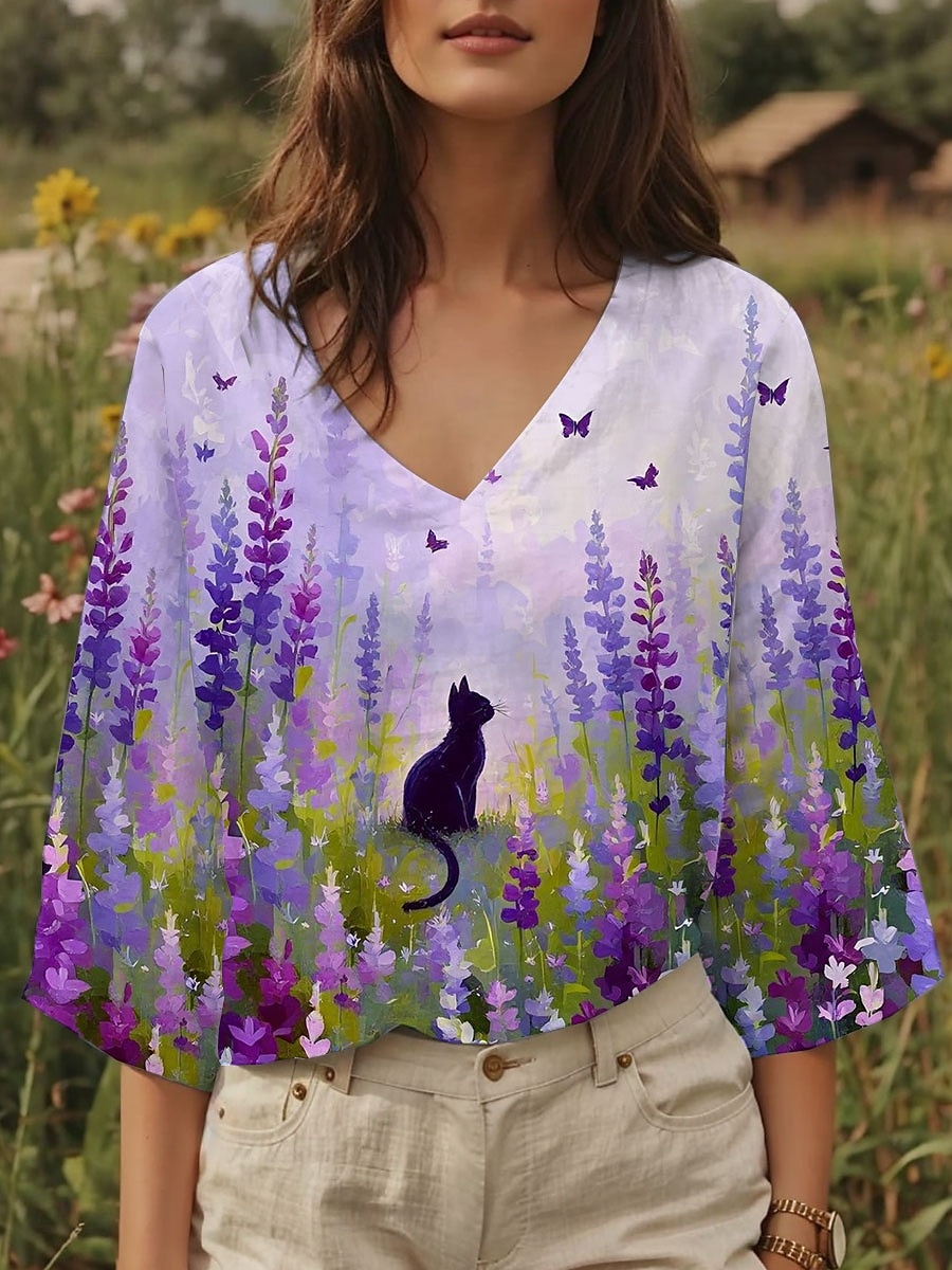 Dame Bluse Blomstret Grafisk Katt Stilfull Fritid 3/4 ermer V-hals Vanlige topper Daglig Gul Blå Lilla Sommer Vår 2025 - $24.99 –P1