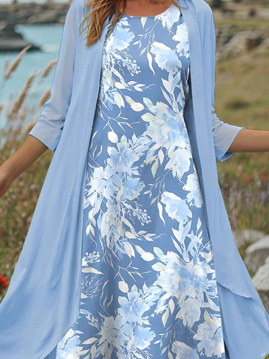 Pentru femei Set de rochii Rochie de schimb Rochie de vară Casual Floral Grafic Imprimeu Rochii Midi Lungime Manșon 3/4 Stil Nautic Zilnic Roz Îmbujorat Albastru piscină Mov Vară Primăvară Fit regulat 2025 - $36.99 –P3