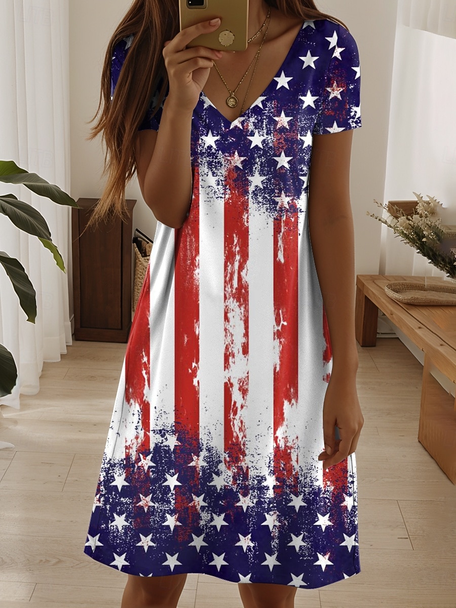 Festa dell'Indipendenza Abito Mini Patriottico da Donna Abito Casual Elegante Casual Giornaliero Vestibilità Regolare Bandiera Rosso Bianco e Blu Maniche Corte Collo Girotondo Blu Estate del 2026 a $24.99 –P4
