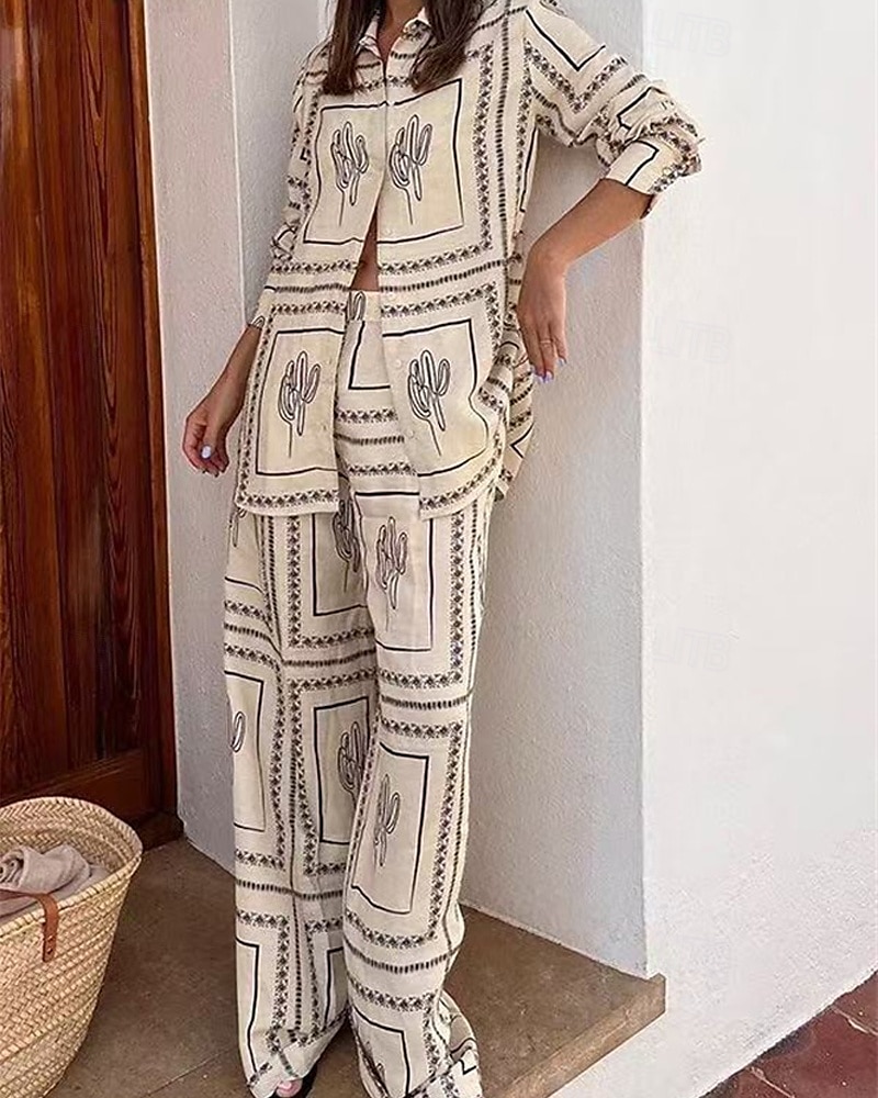 Femmes Mode Streetwear Chemises en coton et lin Ensembles en coton et lin Ensembles de Pantalons Manche Courte Col de chemise Géométrique Imprimé Tenue quotidienne Date Beige Été Coupe régulière de 2025 ? $44.99 –P2