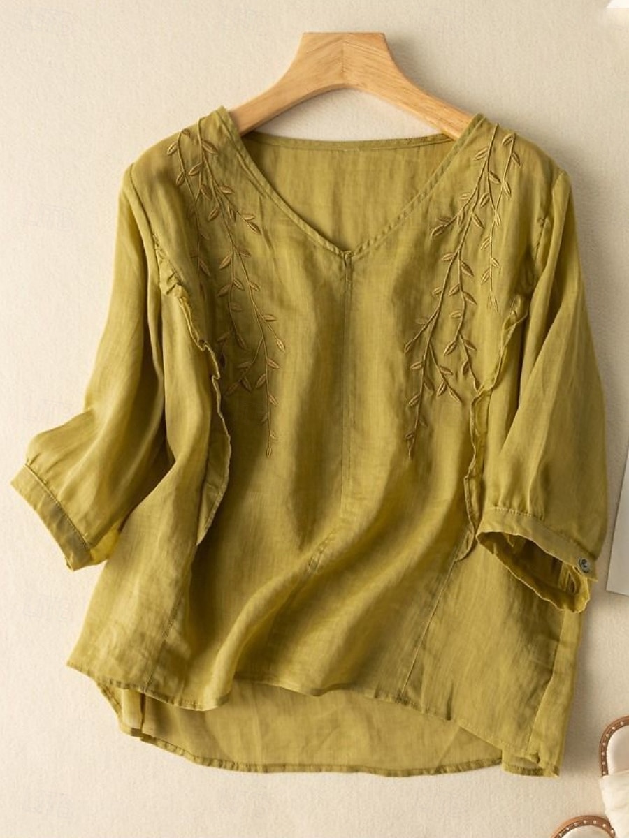 Cămașă de damă din bumbac și in, model floral, simplu, etnic, casual, mânecă 3/4, decolteu în V, croială regulată, topuri, zi de zi, brodat, galben, albastru marin, violet, portocaliu, caisă, vară 2025 - $17.99 –P9