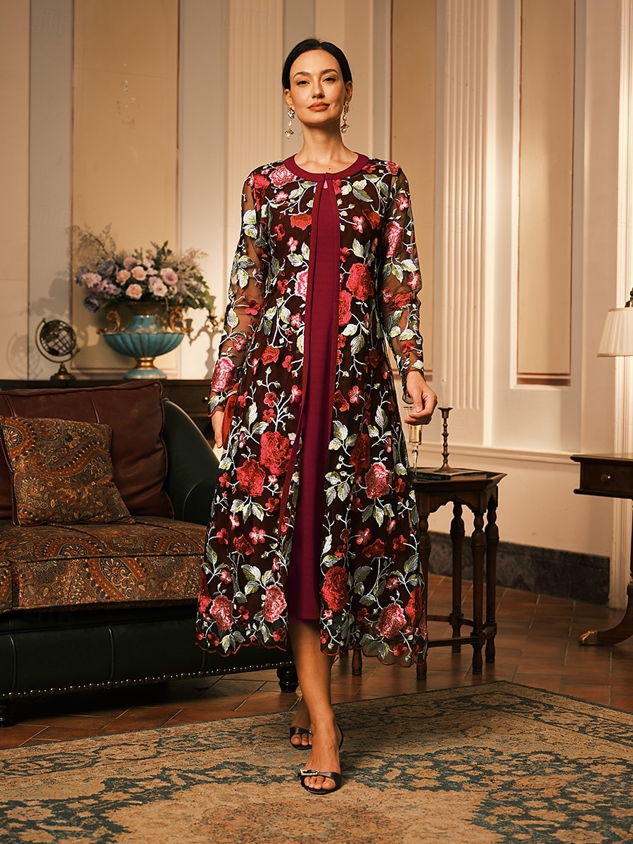Dam Kappa Andningsfunktion Spets Broderad Elegant Blommig Formell Bröllop Fest Lång Rund halsringning Lös passning Långärmad Ytterkläder Grå rosa Svart Vinröd Sommar Vår 2025 - $50.99 –P12