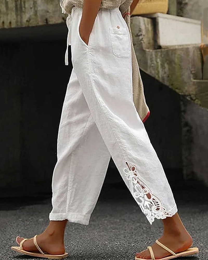 Women's Poly-Cotton Linen Texture Pants Cropped Pants Fashion Streetwear Comfort Ankle-Length Mid Waist Plain Lace Comfy Comfortable Street Daily Wear Going out Black White Blue Green Summer Regular 2025 - $14.49 –P1