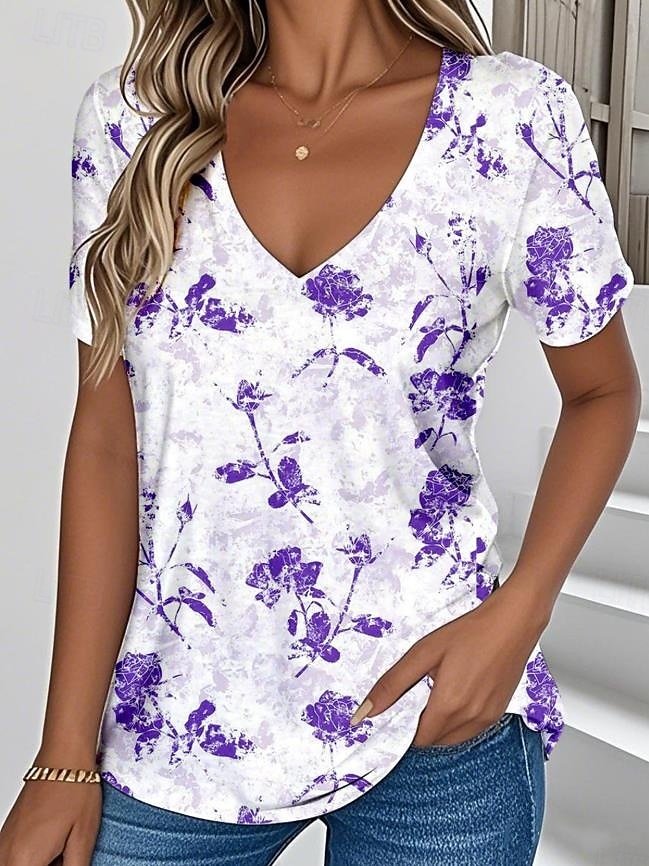 Femmes T-shirt Fleuri Graphique Plantes ancien Élégant Classique Manche Courte Col en V Hauts Réguliers Quotidien Imprimé Rouge Bleu Violet Vert Bleu clair Été Printemps de 2025 ? $19.99 –P5