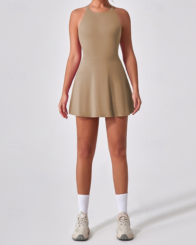 Per donna Tinta unita Abito da tennis con pantaloncini e reggiseno incorporati Abito sportivo Senza Maniche Arricciato Traspirante Tennis Pickleball Il giro Vestito Nero Blu marino scuro Marrone del 2026 a $39.99 –P18