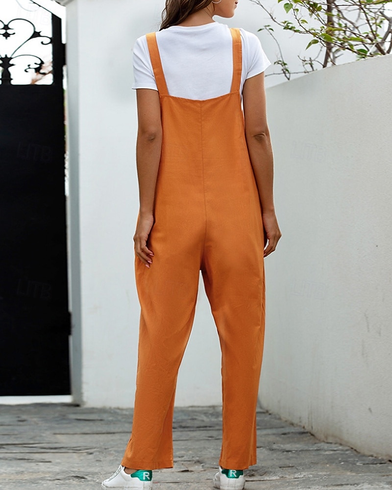 Femmes Normal Pantalon en coton et lin Basique Couleur Unie Sans manches Col en U Avec Poches Rue Sortir Coupe régulière Noir Blanche bleu marine Été de 2025 ? $29.99 –P4