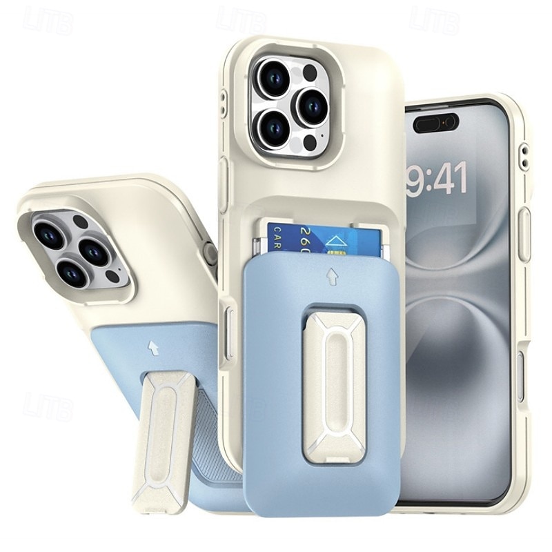 جراب هاتف ملون مقاوم للصدمات لهاتف iPhone 16 Pro Max Plus / 15 / 14 / 13 / 12 Pro Max - فتحة بطاقة منزلقة مع مسند، غطاء خلفي من الكمبيوتر الشخصي 2025 - $12.99 –P1