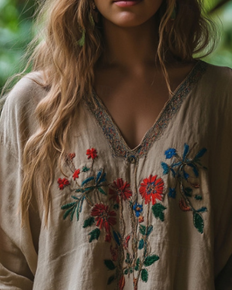Per donna Camicie di cotone e lino Camicia Boho Blusa Fiore Moderno Boho Manica Lunga Scollo a V Top Regolari Quotidiano Ferie Stampato Albicocca Estate del 2025 a $19.99 –P2