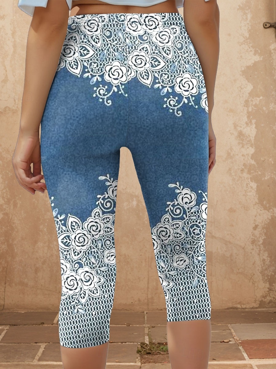 Damleggings Capri-byxor 3D-print hög elasticitet semester retro mode vadlängd hög midja blommig grafisk geometrisk andningsbar mjuk stretchig formell semester kontor robin's egg blå 2025 - $18.99 –P2