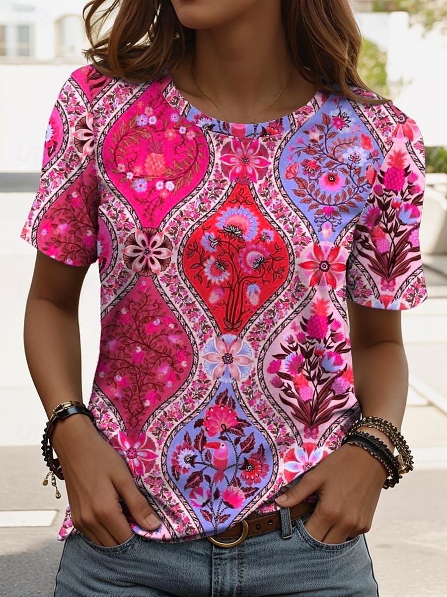 Femmes T-shirt Fleuri Graphique Géométrique ancien Élégant Classique Manche Courte Col ras du cou Hauts Réguliers Quotidien Week-end Imprimé Bleu Fuchsia Orange Été Printemps de 2025 ? $19.99 –P5