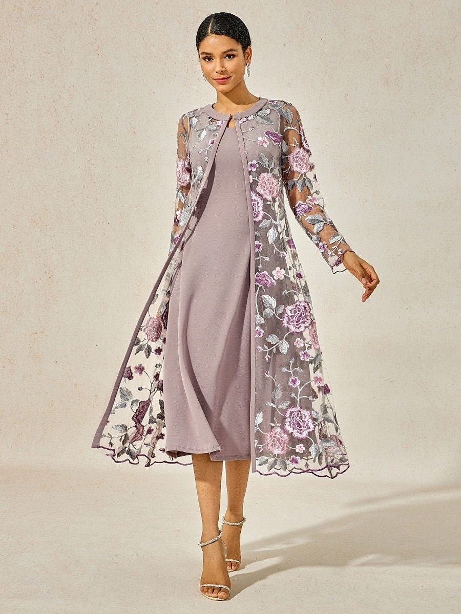 Dam Telängd Cocktail klänning Klänning Set Bröllopsgästklänning A linjeklänning Elegant Formell Bröllop Fest Normal Blommig Långärmad Rund hals Grå rosa Sommar Vår Höst 2025 - $69.99 –P1