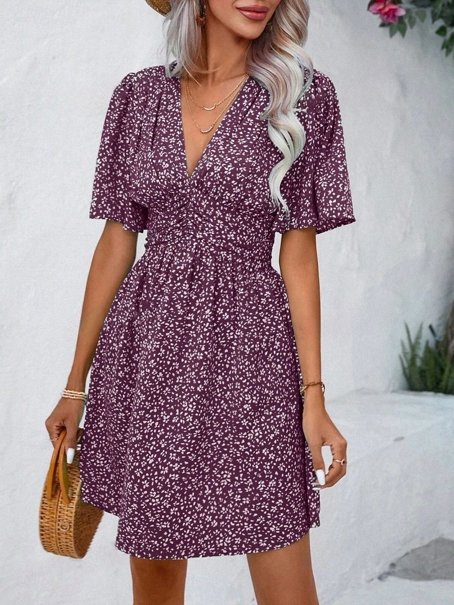 Damskie Sukienka mini Sukienka A line Codzienny Na zewnątrz Wyjściowe Luźny / a Kwiaty Krótki rękaw W serek Czarny Rumiany róż Niebieski Fioletowy Lato 2025 - $31.99 –P18