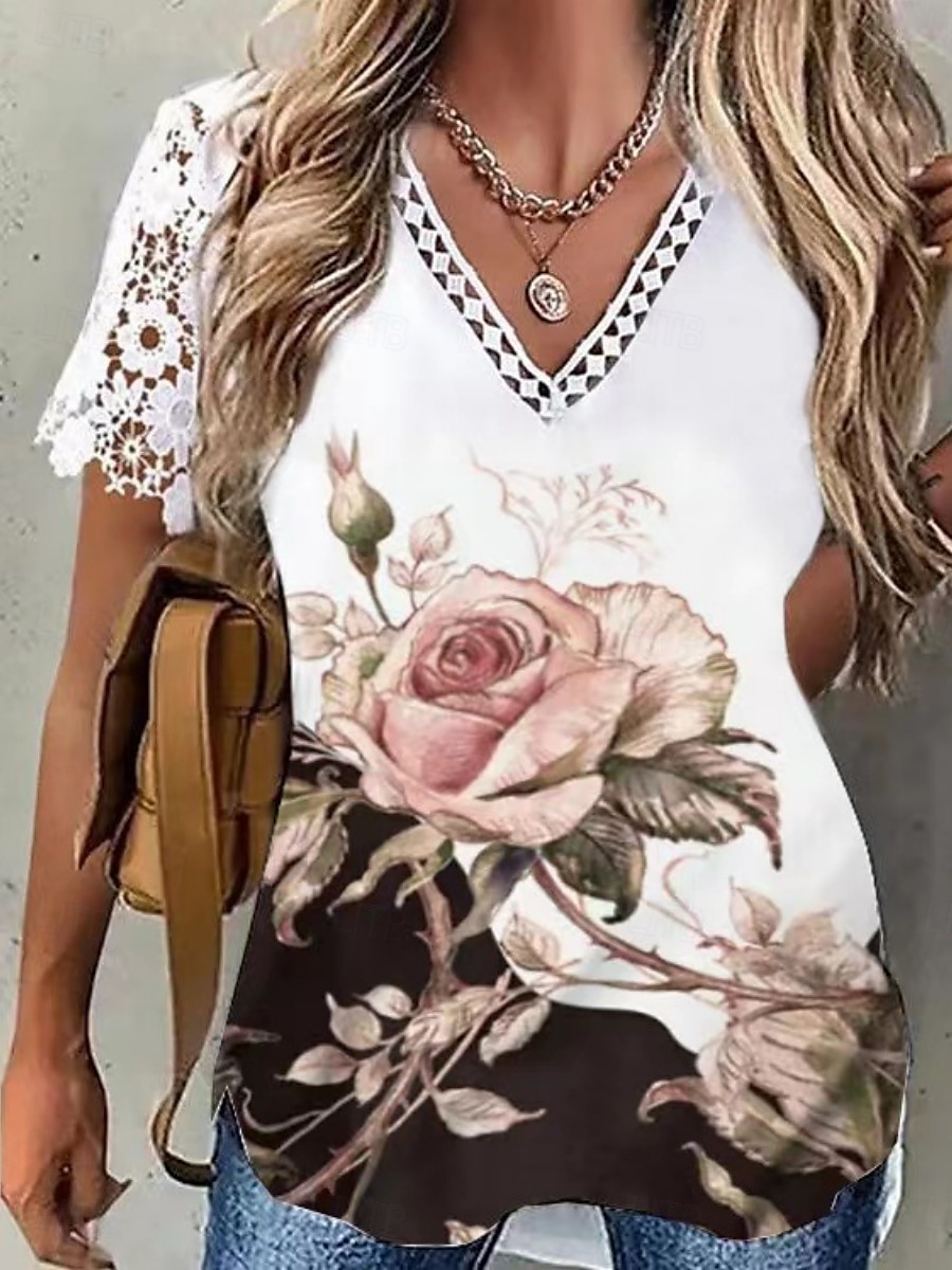 Pentru femei Bluză Floral Stilat Casual Manșon scurt În V Topuri obișnuite Zilnic Dantelă Peteci Imprimeu Negru Roz Îmbujorat Roșu-aprins Auriu Vară 2025 - $16.99 –P3