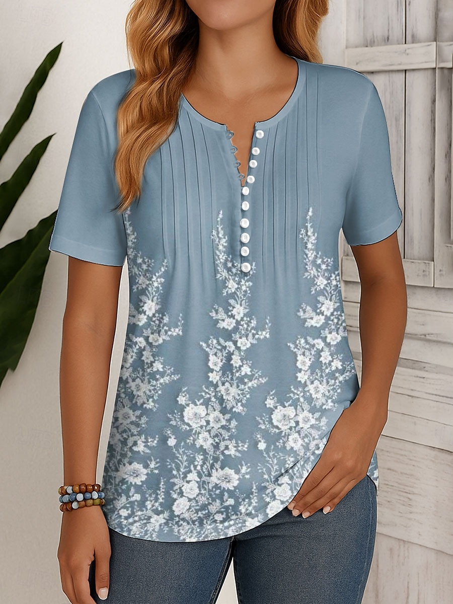 Femmes T-shirt Fleuri Graphique ancien Élégant Classique Manche Courte Col rond Hauts Réguliers Quotidien Week-end Tenue de plage Boutons Smocké Imprimé Bleu Blanc Ecru Été Printemps de 2025 ? $27.99 –P4